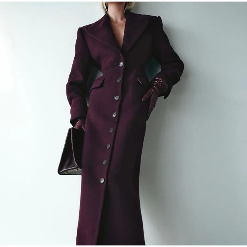 Damen Eleganter Wollmantel mit tailliertem Schnitt und langen Ärmeln Drune
