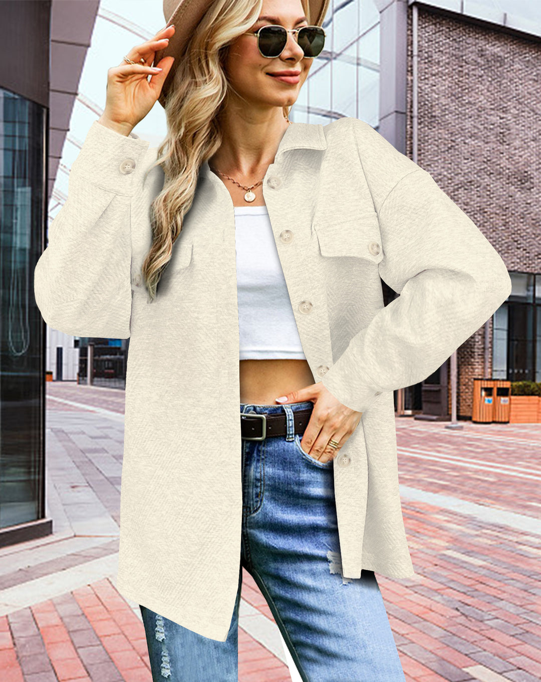Damen Longline Oversize Hemdjacke mit aufgesetzten Pattentaschen und Strukturstoff Drune