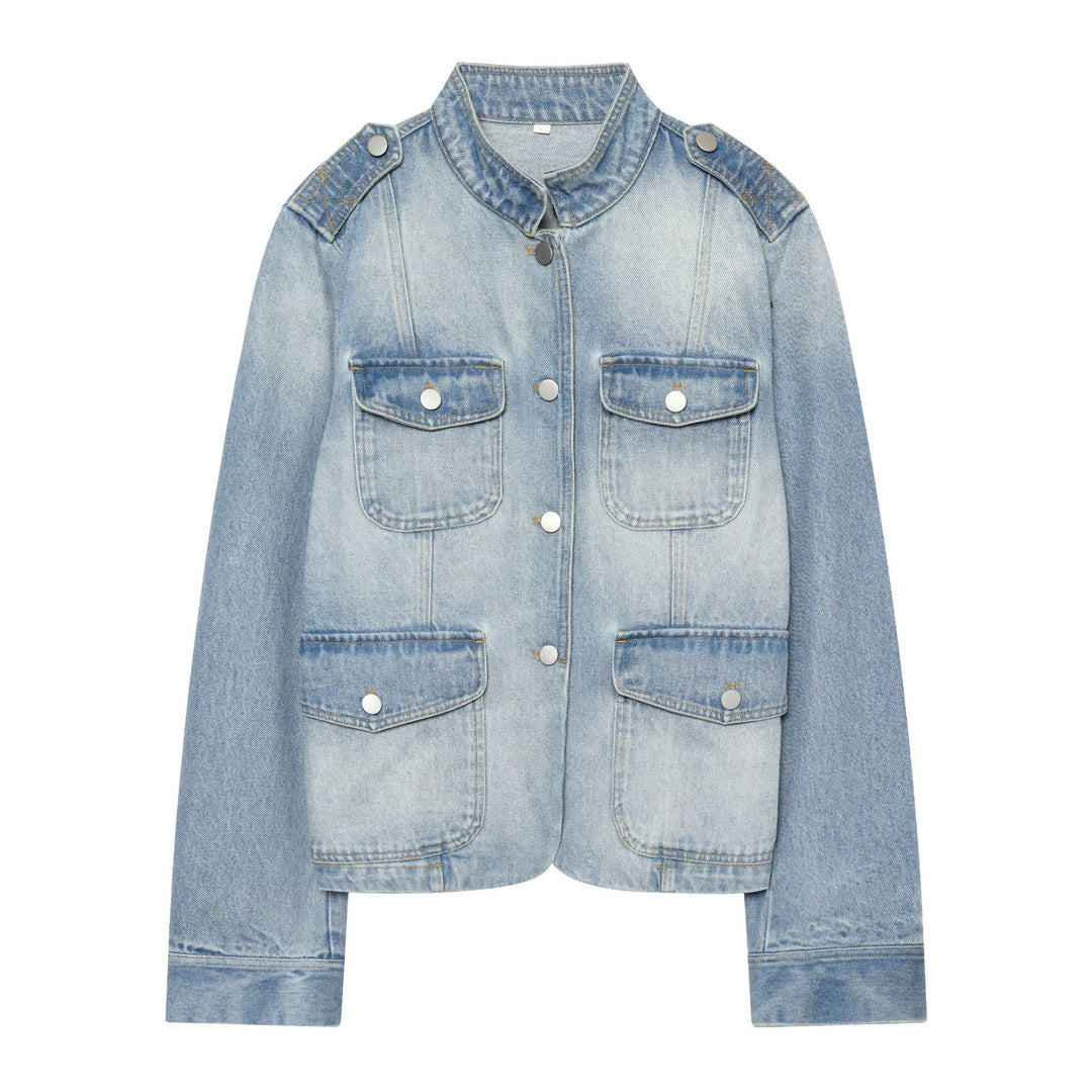 Damen Cropped Jeansjacke im Utility‑Look mit Schulterpatten und Pattentaschen Drune