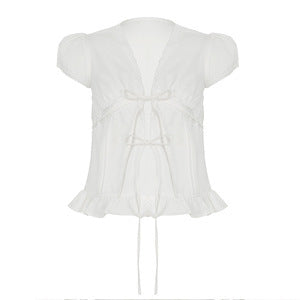 Damen Rüschenbluse mit zarten Schleifendetails und kurzärmeligen Puffärmel Drune