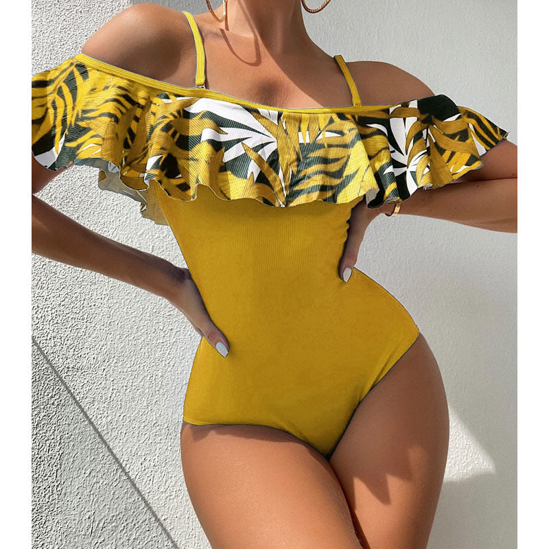 Damen Off-Shoulder Badeanzug mit voluminösem Rüschendesign Drune