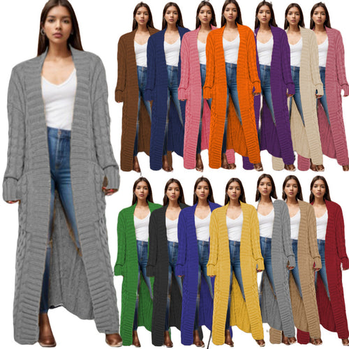 Damen Langer Strickcardigan mit strukturiertem Zopfmuster und praktischen Taschen Drune