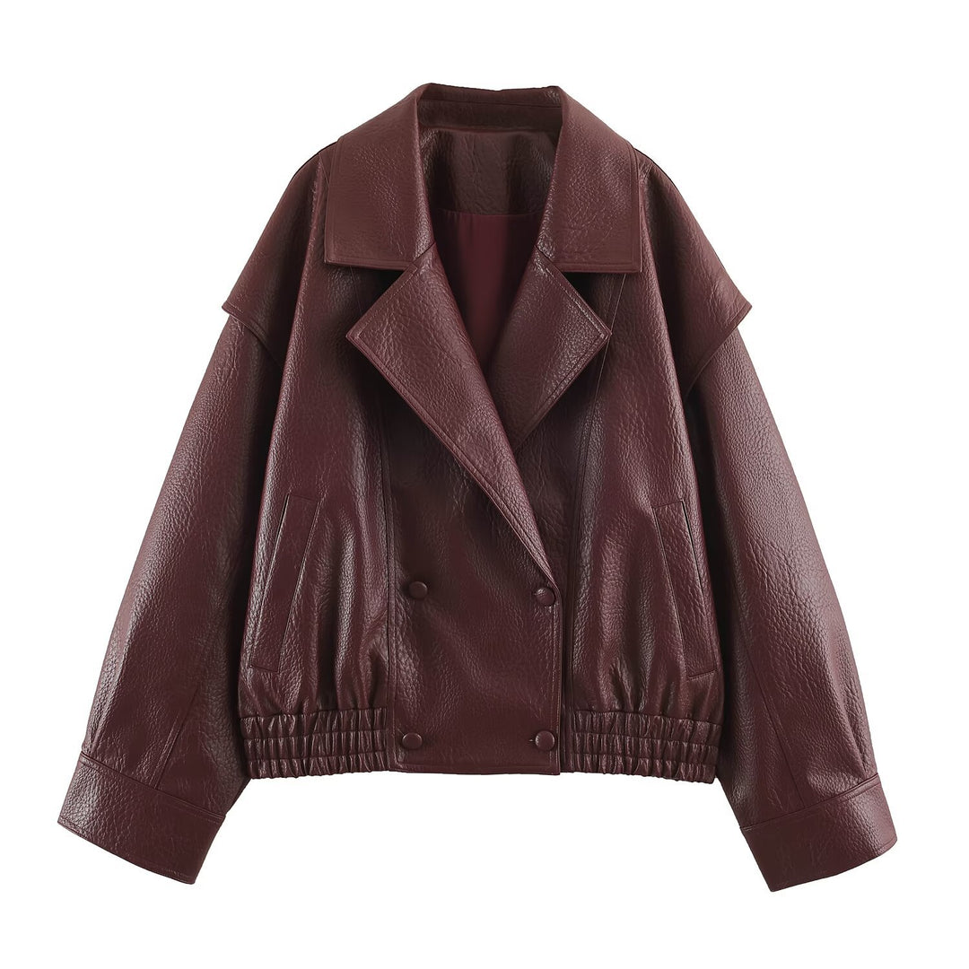 Damen Oversize Kunstlederjacke mit Doppelreihe, weitem Revers und elastischem Saum Drune