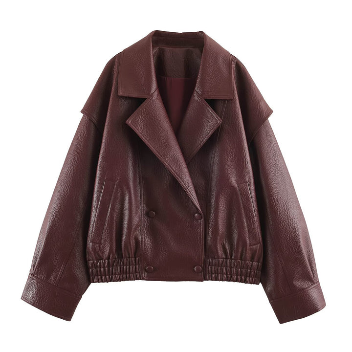 Damen Oversize Kunstlederjacke mit Doppelreihe, weitem Revers und elastischem Saum Drune