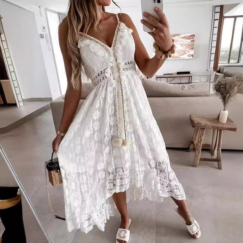 Damen Spitzen Maxi-Kleid mit zarten Häkel- und Rüschendetails Drune