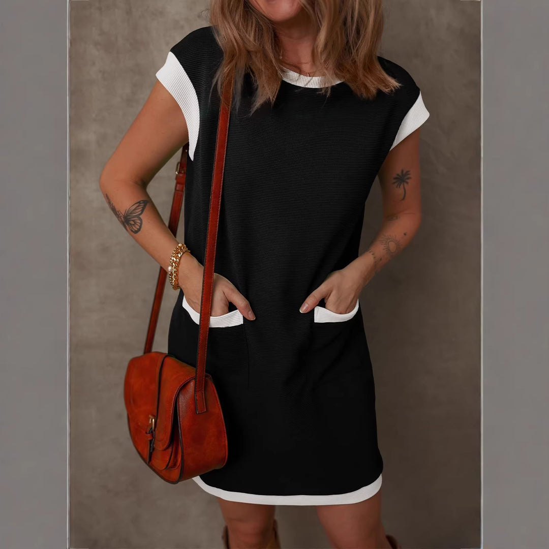 Damen Ärmelloses A-Linien-Shiftkleid mit Kontrastkanten, aufgesetzten Taschen und strukturierter Rippoptik Drune
