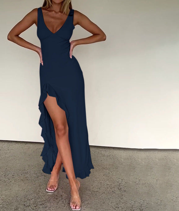 Damen Maxikleid mit tiefem V-Ausschnitt und asymmetrischem Rüschensaum Drune