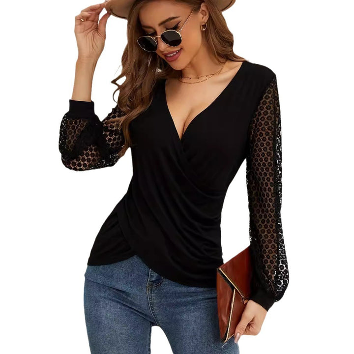 Damen nan elegante Wickelbluse mit Spitzenärmeln und tiefem V-Ausschnitt Drune