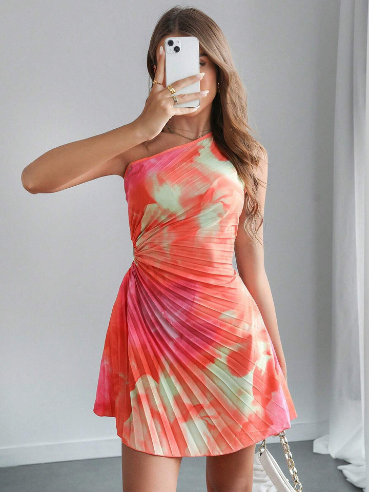Damen One-Shoulder Plissee-Minikleid mit Cut-Out und Wickel-Detail Drune