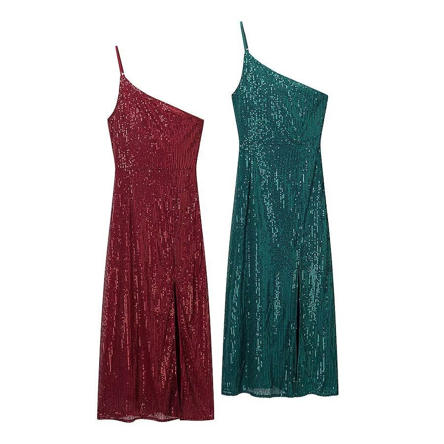 Damen glamouröses Abendkleid mit asymmetrischem Schnitt und schimmernden Pailletten Drune