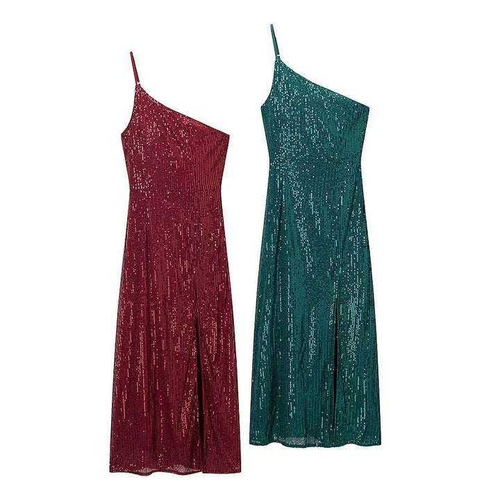Damen glamouröses Abendkleid mit asymmetrischem Schnitt und schimmernden Pailletten Drune
