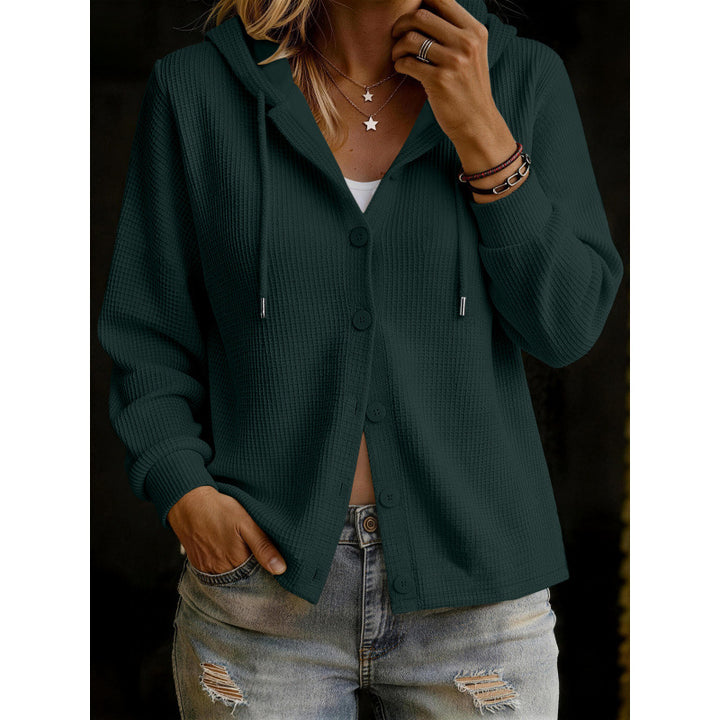 Damen Kapuzenstrickjacke im Waffelstrick mit Knopfleiste Drune