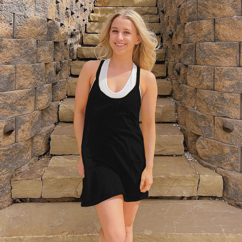 Damen ärmelloses Freizeitkleid mit Taschen und verstellbaren Trägern Drune