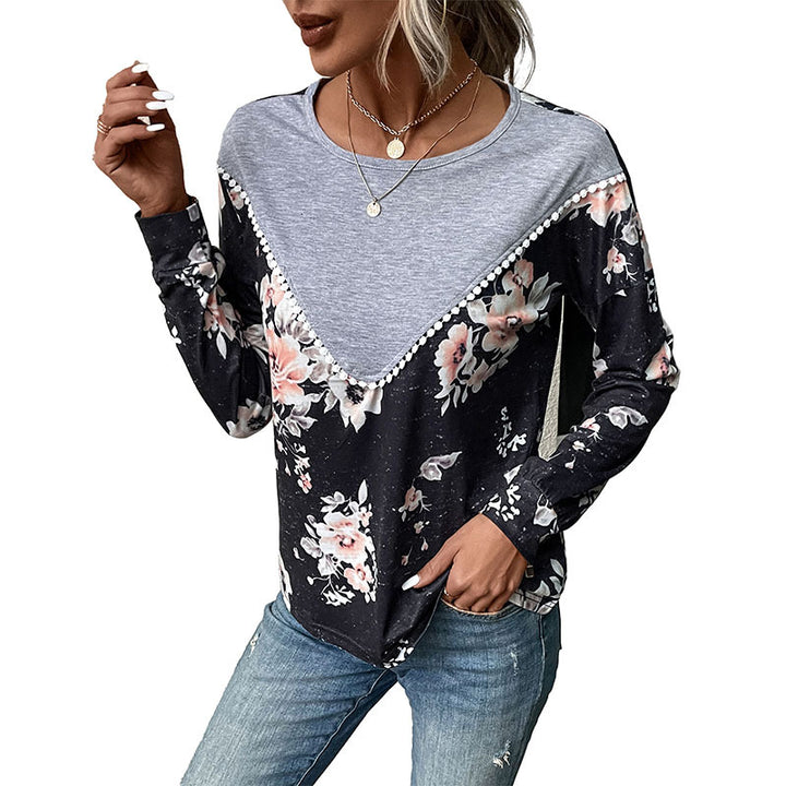 Damen Lässiges Langarm-Jerseyshirt mit kontrastiertem V‑Einsatz, Pompon‑Borte und floralem Alloverprint Drune