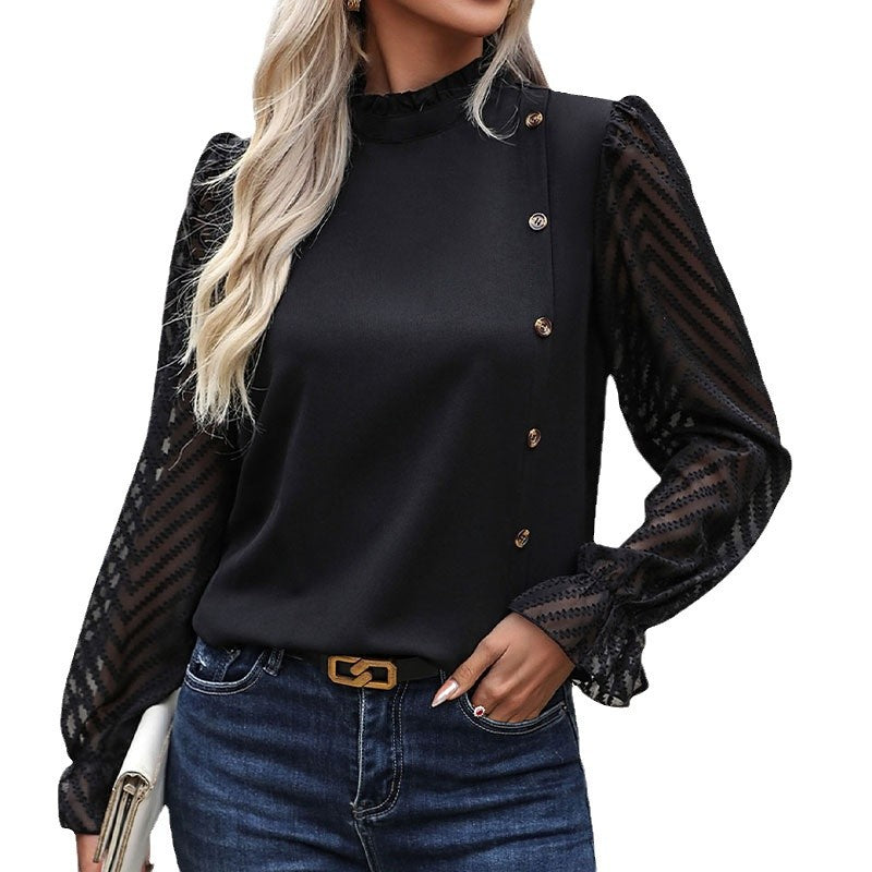 Damen Modisches Blusenshirt mit Rüschendetails und Knopfverzierung Drune