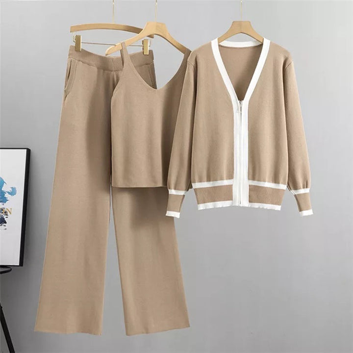 Damen lässiges Strick-Loungewear-Set mit hochwertigem Zip-Cardigan und Weitbein-Hosen Drune