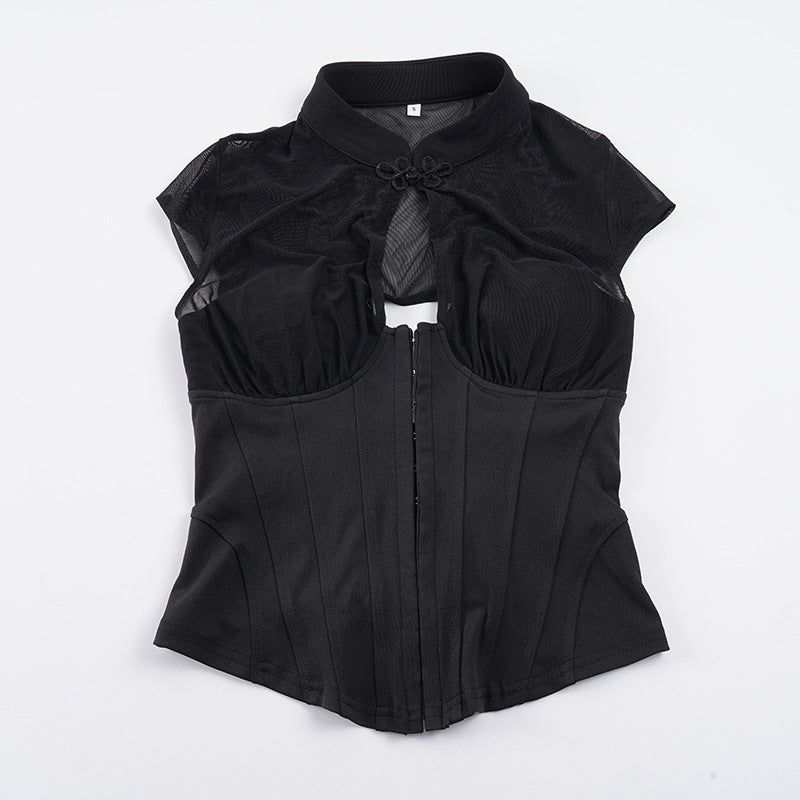 Damen Corsage-Oberteil mit Mesh-Einsätzen und feinen Rüschendetails Drune
