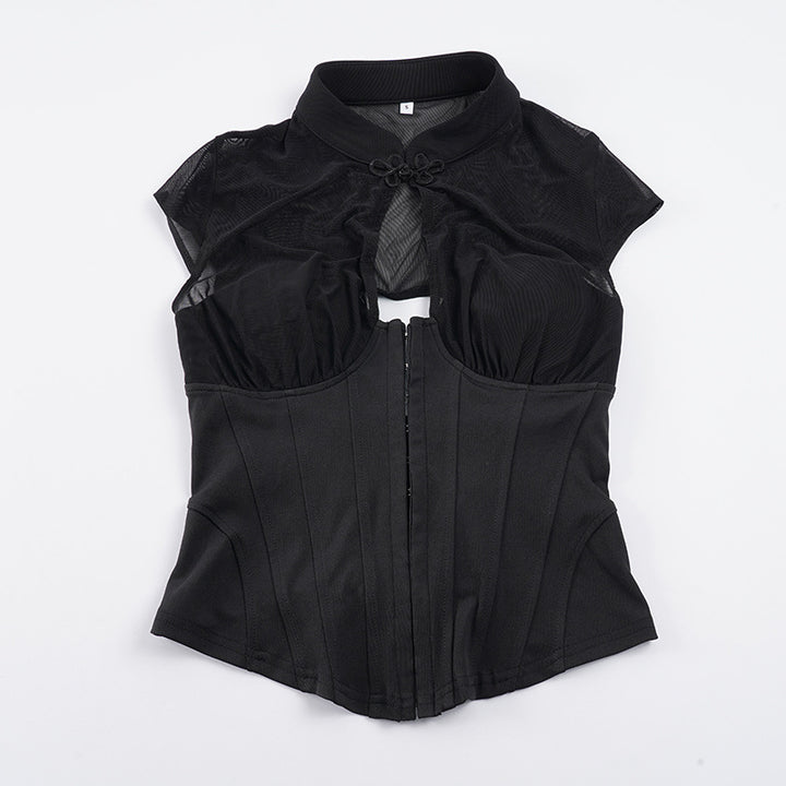 Damen Corsage-Oberteil mit Mesh-Einsätzen und feinen Rüschendetails Drune