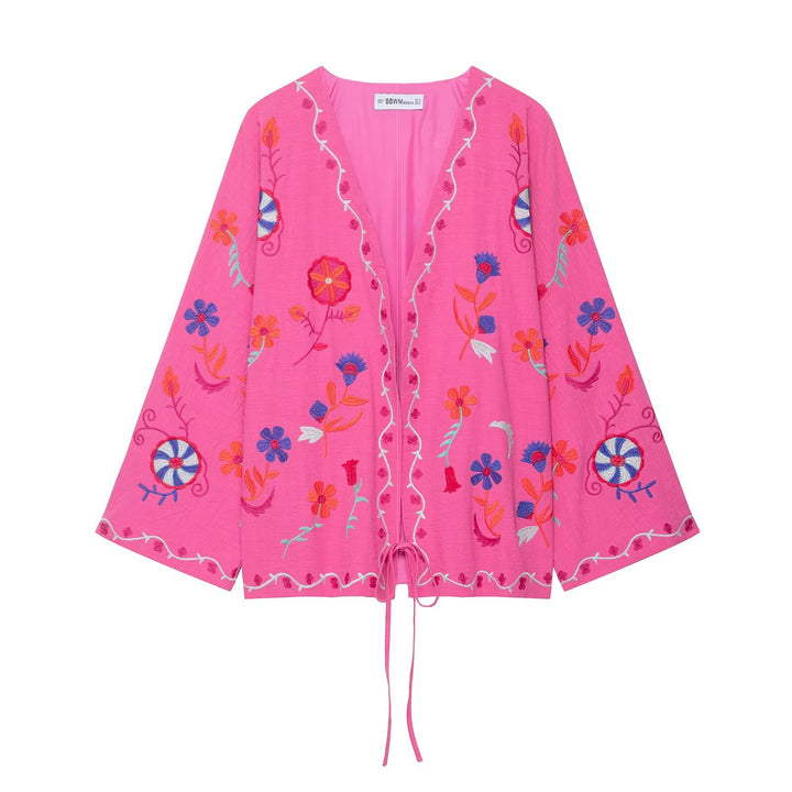 Damen Bestickte Kimono-Jacke mit Bindeband und Blumenapplikation Drune