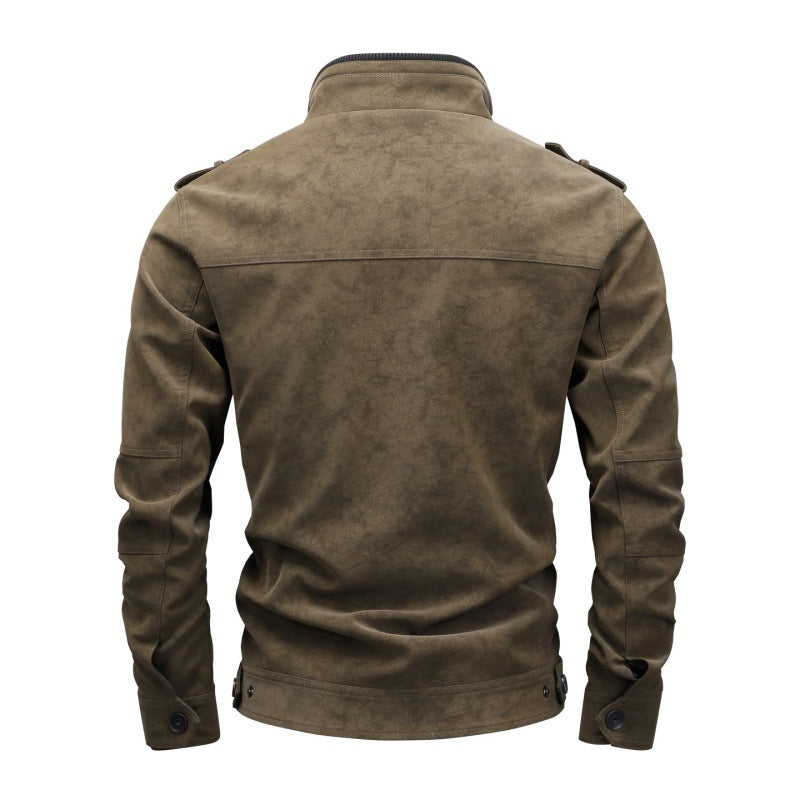 Herren Wildlederoptik-Fieldjacke mit Stehkragen, Schulterklappen und multiplen Reißverschlusstaschen Drune