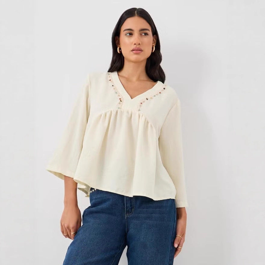 Damen Lockeres V‑Ausschnitt Blusentop mit Stickdetail und Empire‑Raffung Drune
