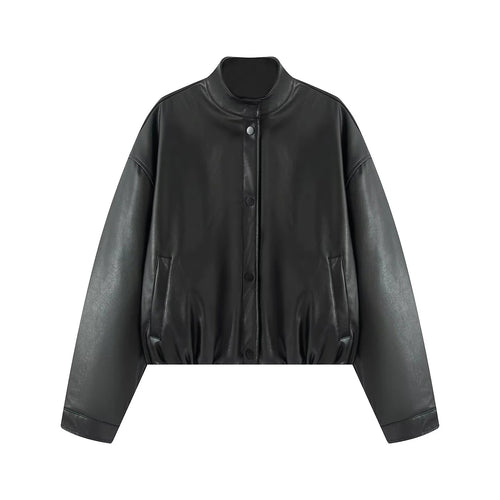 Damen nan oversized cropped Kunstlederjacke im Bomberstil mit Stehkragen und elastischem Saum Drune