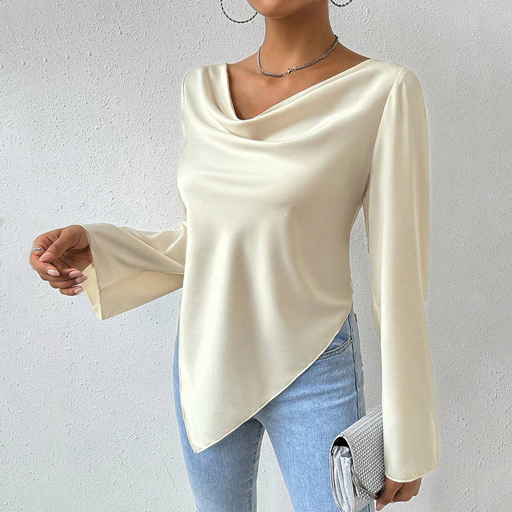 Damen Bluse mit Wasserfallkragen, weiten Trompetenärmeln und fließender Satinoptik Drune