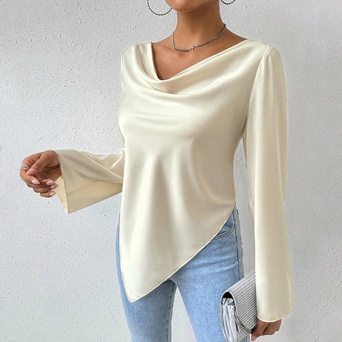 Damen Bluse mit Wasserfallkragen, weiten Trompetenärmeln und fließender Satinoptik Drune