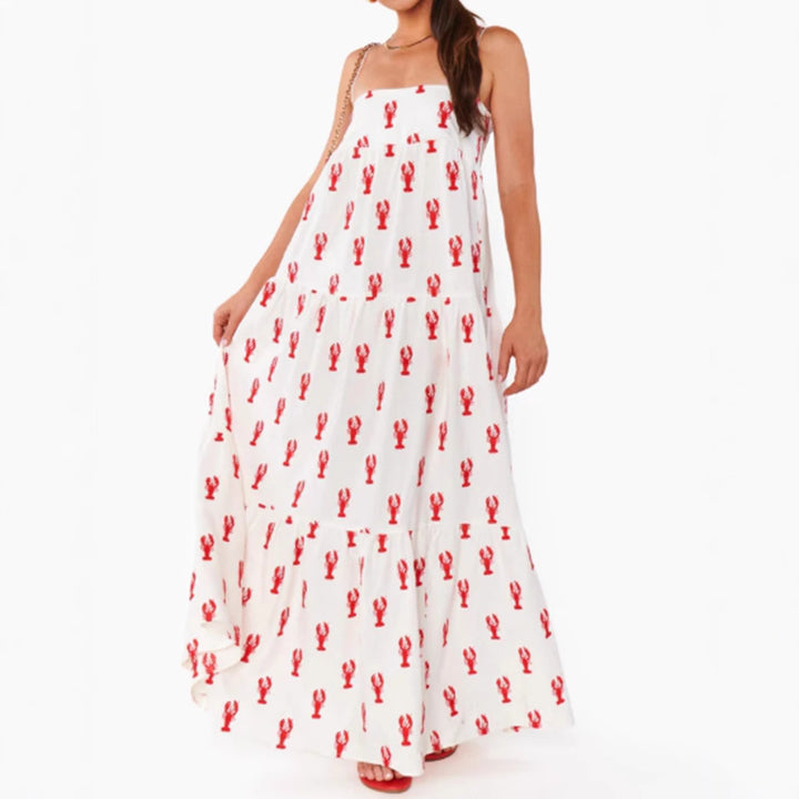 Damen nan trägerloses Bandeau-Maxikleid mit gestuftem Volantrock und maritimem Hummer-Motiv Drune