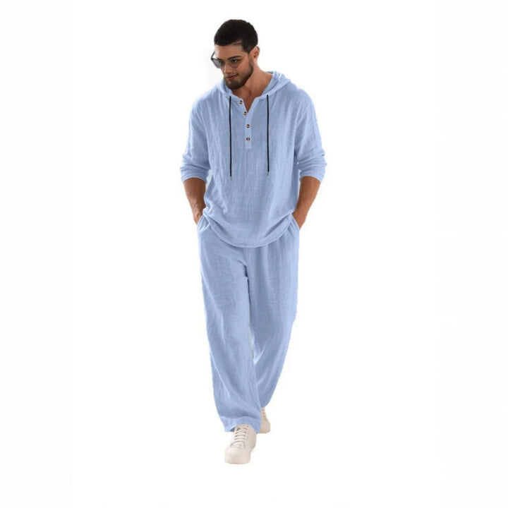 Herren nan lässiges Leinenzweiteiler-Set mit Kapuzenhemd im Henley-Stil und weiten Freizeit-Hosen Drune