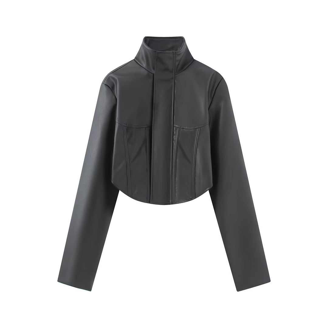 Damen Kurze Lederoptik-Jacke mit Korsagennaht und Stehkragen Drune