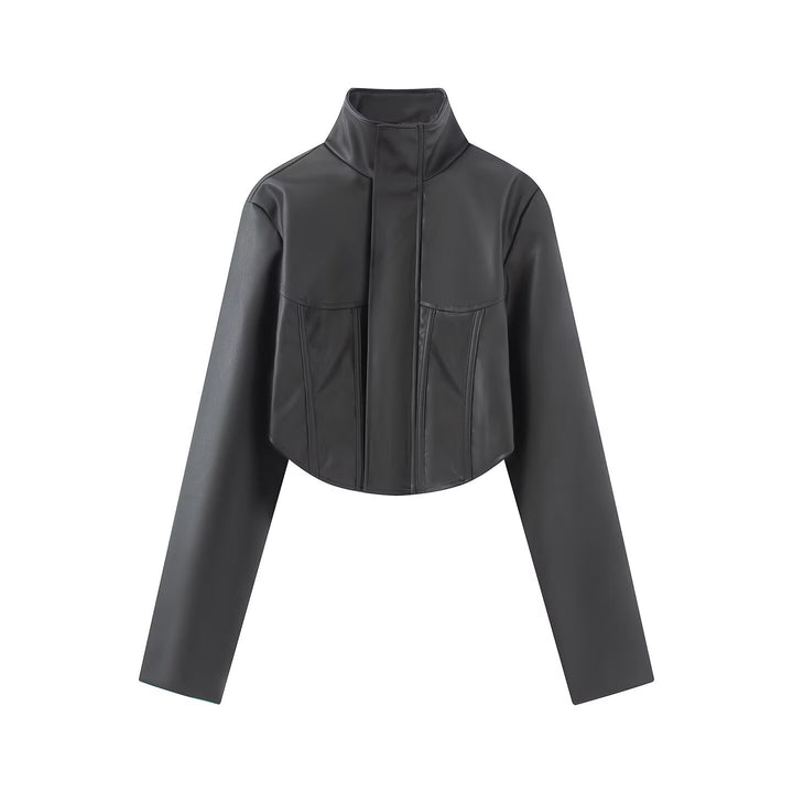 Damen Kurze Lederoptik-Jacke mit Korsagennaht und Stehkragen Drune