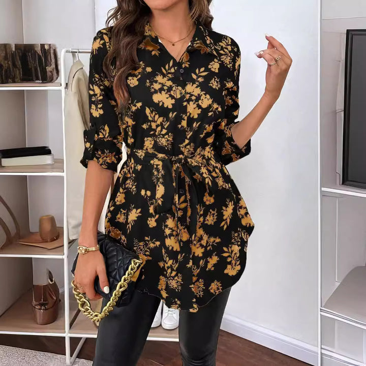 Damen nan lockere Hemdblusen-Tunika mit floralem Allover-Print, Bindegürtel und Krempelärmeln Drune