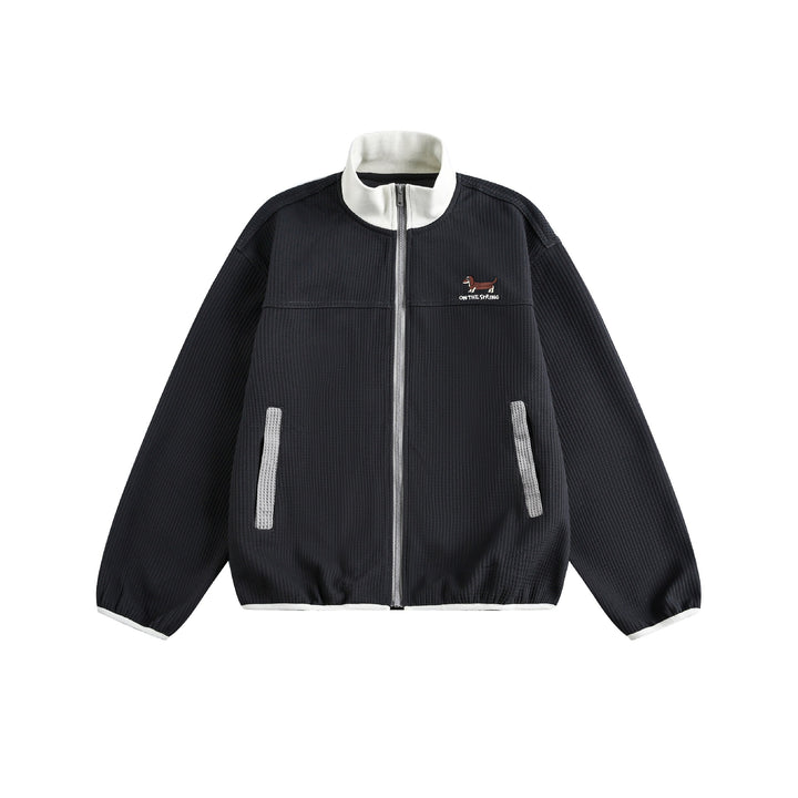 Damen Waffelstruktur Zipjacke im Boxy‑Cut mit Stehkragen und Hundestickerei Drune