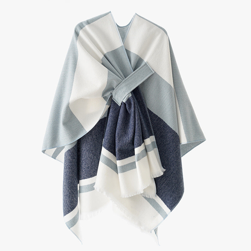 Damen Strickponcho mit geometrischem Blockmuster und Fransen Drune