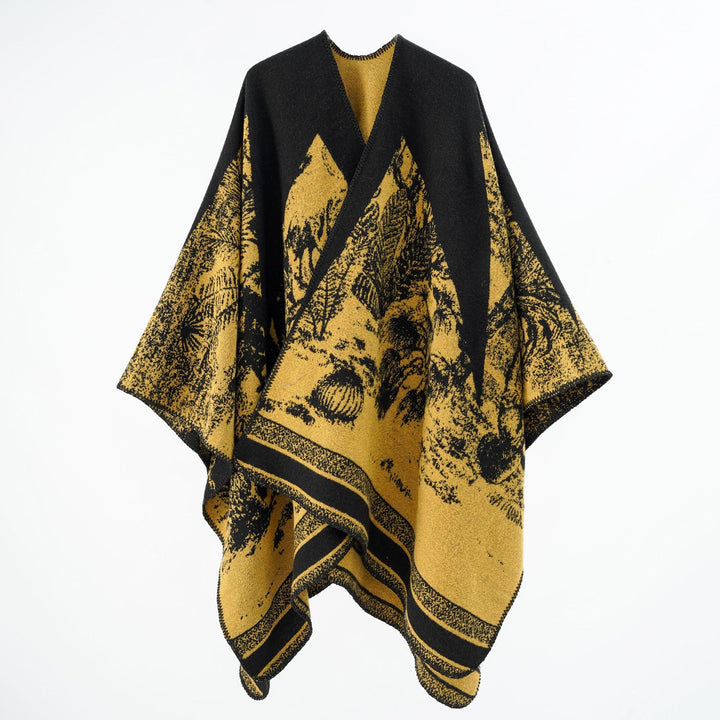 Damen Capeponcho aus Wollmix mit zweifarbiger Jacquardstruktur und Zierstichrand Drune