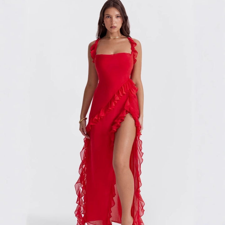 Damen asymmetrisches Maxi-Kleid mit Rüschendetails und hohem Schlitz Drune