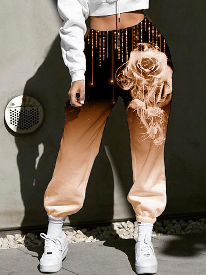 Damen Hohe Taille Jogginghosen mit Ombre-Gradient, Smoke Rose Druck und Elastischen Bündchen Drune