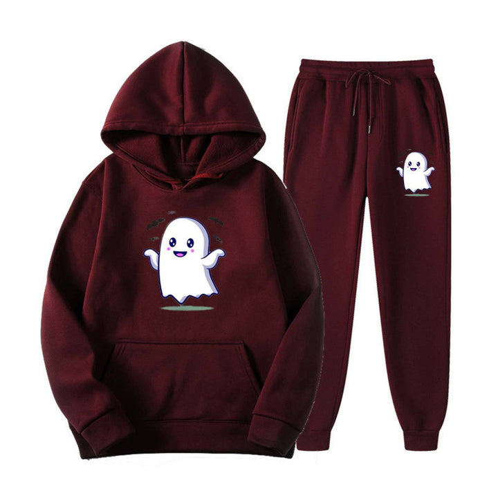 Unisex nan kuscheliger Kapuzenpullover und Jogginghose Set mit Halloween-Geistprint Drune
