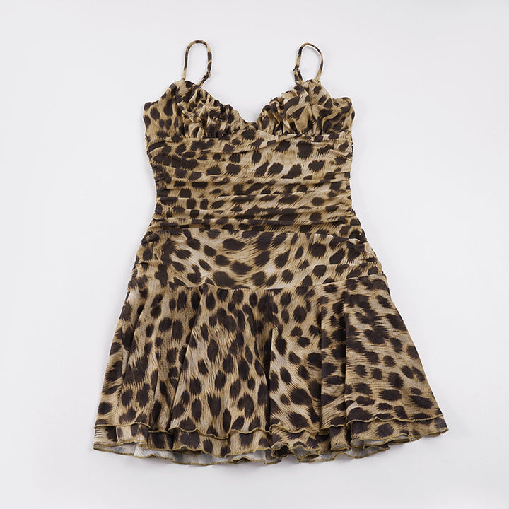 Damen Kleid mit fransigen Rüschen und aufregendem Leopardenmuster Drune