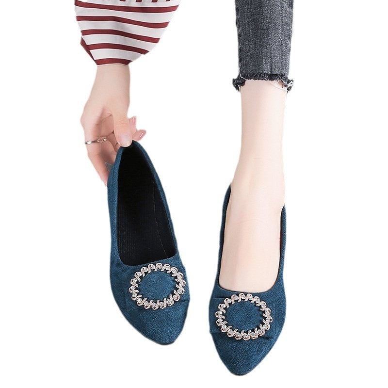 Damen nan elegante Veloursoptik-Ballerinas mit dekorativer Schmuckbrosche und kleinem Blockabsatz Drune