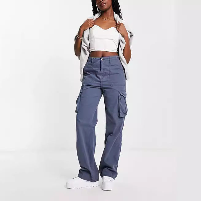 Damen nan weite High-Waist Cargo-Hose mit aufgesetzten Pattentaschen und geradem Bein Drune