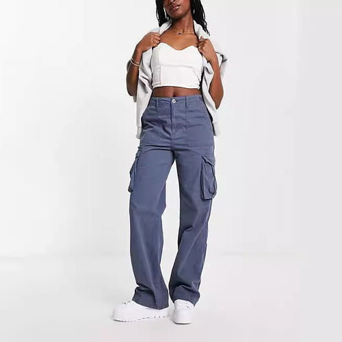 Damen nan weite High-Waist Cargo-Hose mit aufgesetzten Pattentaschen und geradem Bein Drune