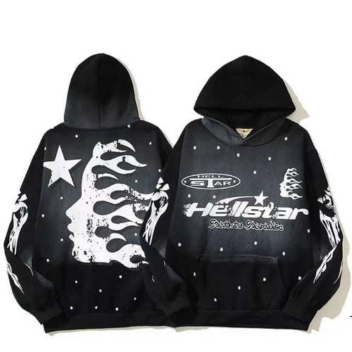 Unisex nan Oversize Kapuzenpullover mit großflächigem Flame- und Sternprint sowie Kängurutasche Drune