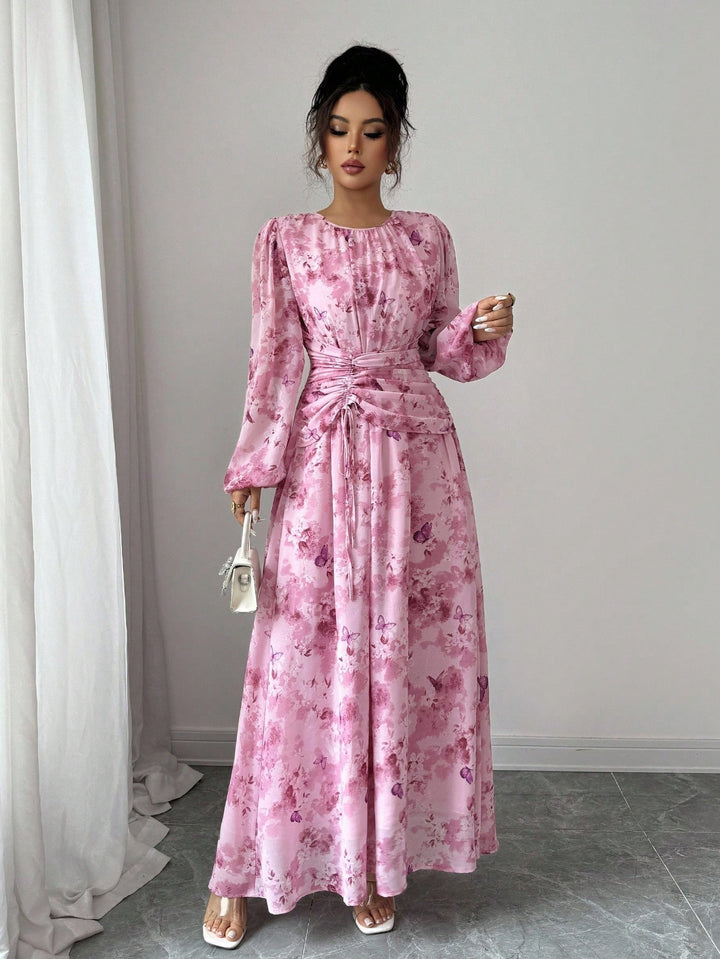 Damen Maxikleid mit floralem Schmetterlingsprint, geraffter Taillenpartie und langen Ballonärmeln Drune