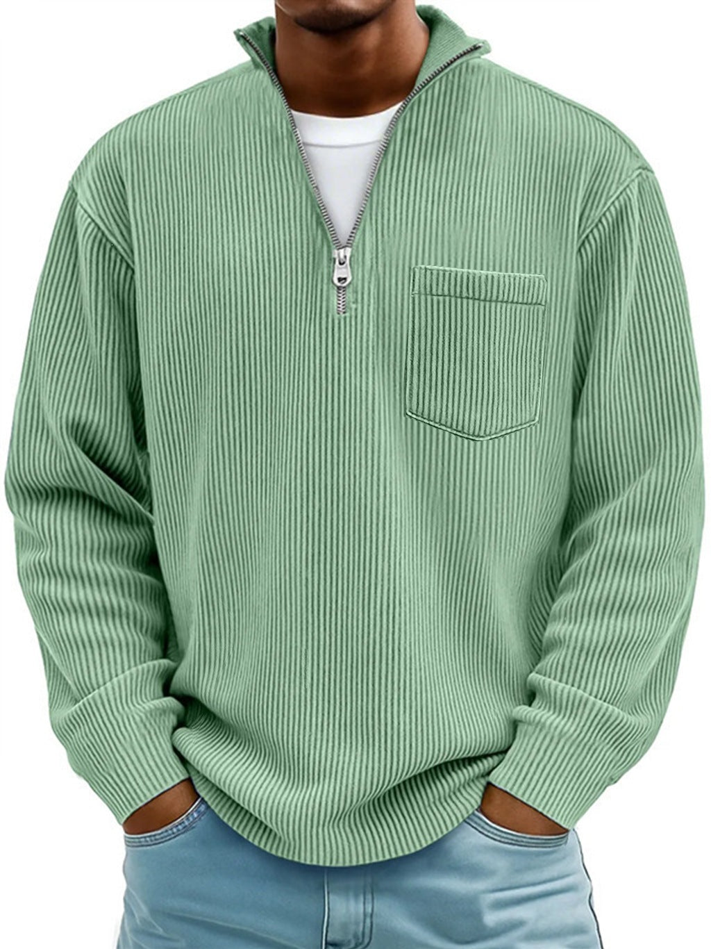 Herren Rippstrickpullover mit kurzem Reißverschluss und Brusttasche EB