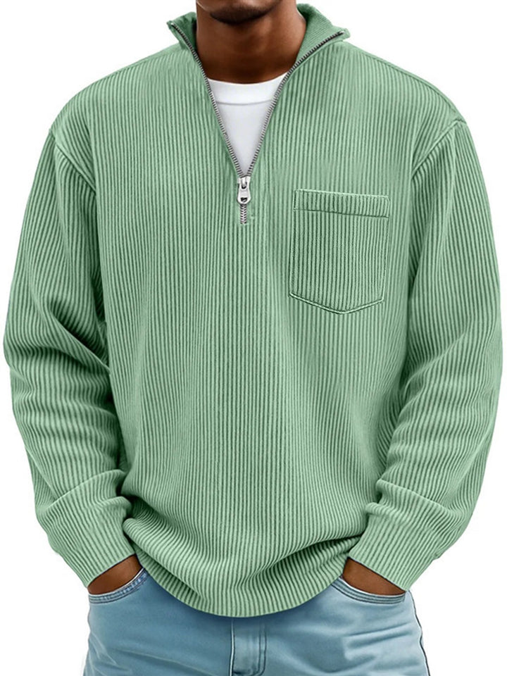 Herren Rippstrickpullover mit kurzem Reißverschluss und Brusttasche EB