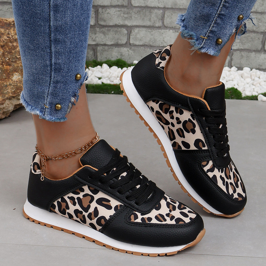 Damen sportliche Leoparden-Print Retro-Sneaker mit gepolstertem Komfortfußbett und profilierter Gummisohle Drune