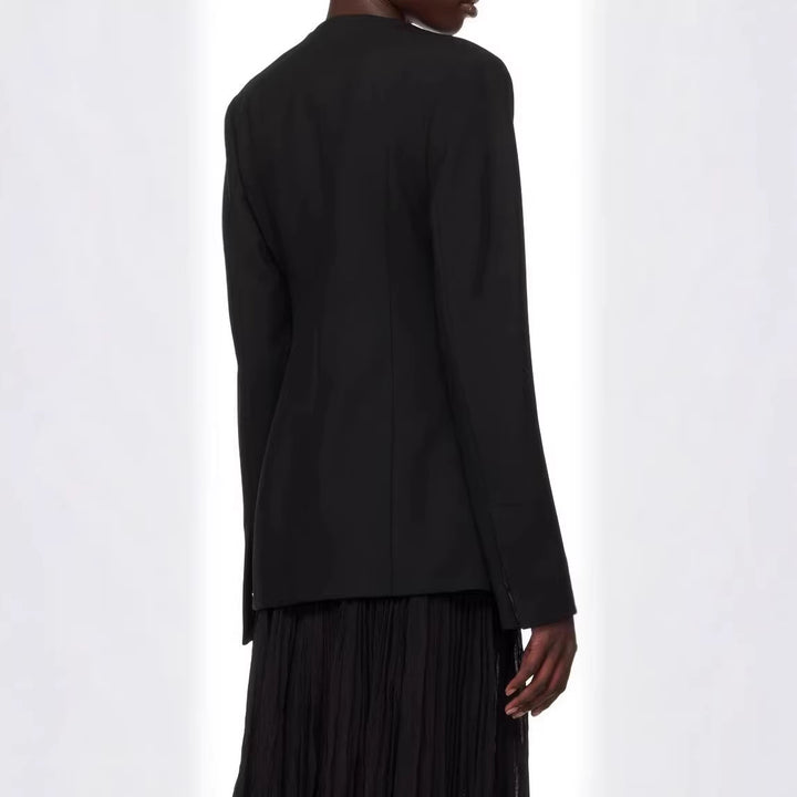 Damen taillierter Einreiher-Blazer mit Rundhalsausschnitt, verdeckter Knopfleiste und Pattentaschen Drune