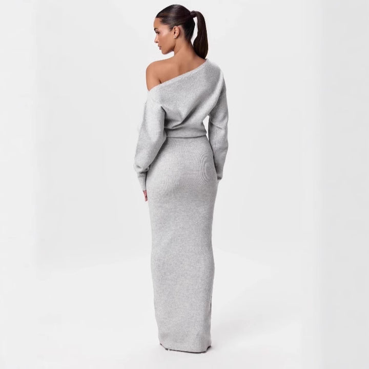Damen One-Shoulder Maxi Strickkleid mit Übergroßen Ärmeln Drune
